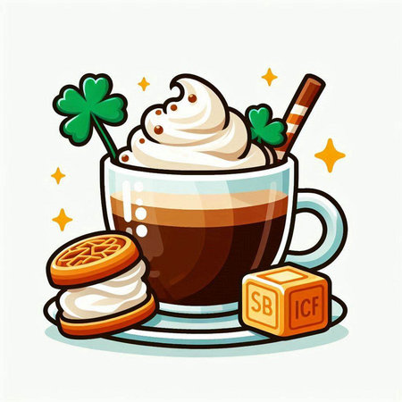 Cup of coffee with whipped cream and cookies. St. Patrick's Day vector illustration.のイラスト素材