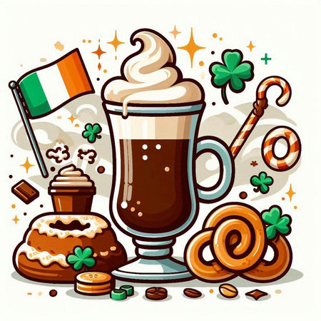 Illustration of Irish coffee with cookies, sweets and flag of Irelandのイラスト素材