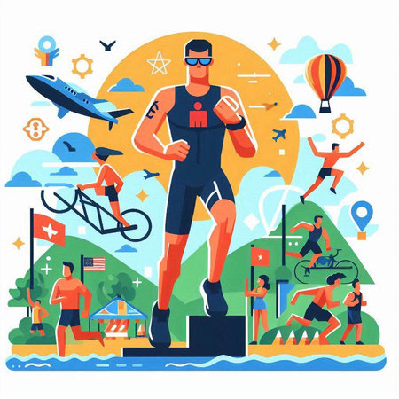 Summer sport activity vector illustration. Cartoon man in sportswear running on beach, training, cycling, running, jumping.のイラスト素材