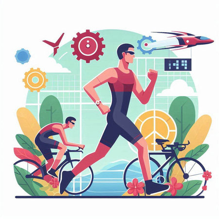 Cyclist in sportswear running on road. Vector illustrationのイラスト素材