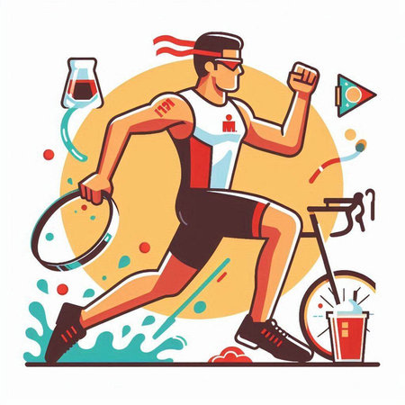 Athletic man running with tennis racket and ball. Sport vector illustrationのイラスト素材