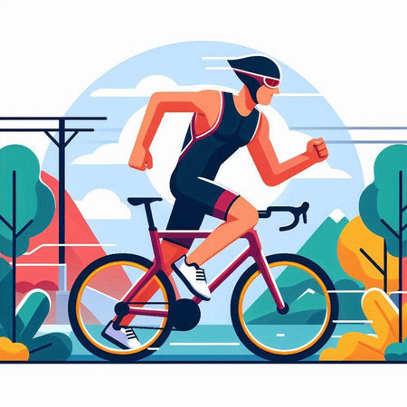 Cyclist running on road in city park. Vector illustration in flat styleのイラスト素材