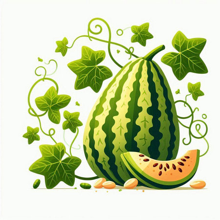 Watermelon with leaves and seeds on a white background. Vector illustration.のイラスト素材