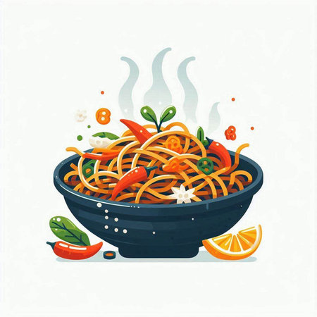 Spaghetti in a bowl with vegetables and spices. Vector illustration.のイラスト素材