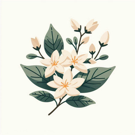 White magnolia flowers on a branch with leaves. Vector illustration.のイラスト素材