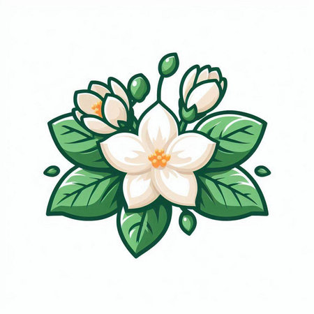 Jasmine flower with leaves isolated on white background. Vector illustration.のイラスト素材