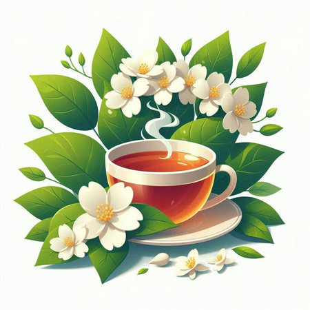 Cup of tea with jasmine flowers. Vector illustration.のイラスト素材