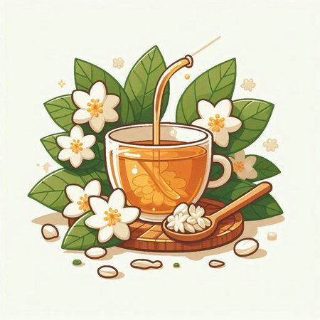 Cup of tea with honey and jasmine flowers. Vector illustration.のイラスト素材