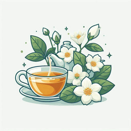 Cup of tea with jasmine flowers. Vector illustration.のイラスト素材