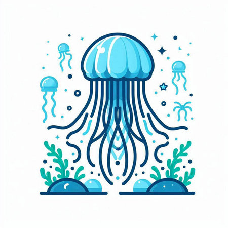 Jellyfish. Sea life. Vector illustration in flat linear style.のイラスト素材