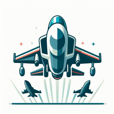 Vector illustration of military aircraft in flat style on white background. Design element for banner, poster or print.のイラスト素材