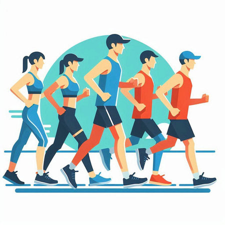 Running people. Group of men and women jogging. Flat vector illustration.のイラスト素材