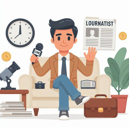 Journalist sitting on sofa with newspaper and microphone. Cartoon vector illustration.のイラスト素材
