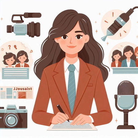 Illustration of a female journalist writing a report in front of a microphoneのイラスト素材