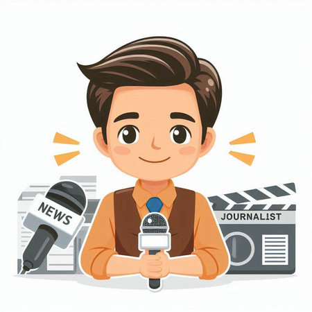 Journalist with a microphone. Vector illustration in a flat style.のイラスト素材