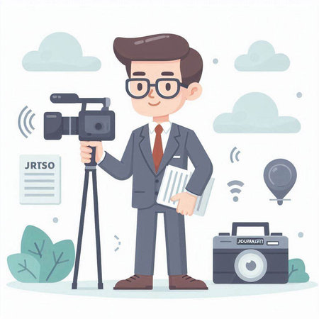 Businessman with camera and report. Vector illustration in cartoon style.のイラスト素材