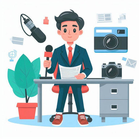 Journalist with camera, microphone and newspaper. Flat vector cartoon illustration.のイラスト素材