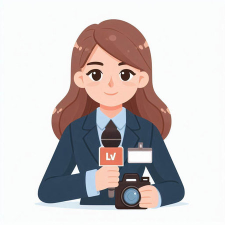 Female journalist with camera and microphone. Vector illustration in cartoon style.のイラスト素材