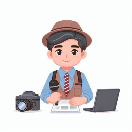 Journalist with camera and newspaper. Vector illustration in cartoon style.のイラスト素材