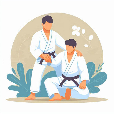 Martial arts vector illustration. Man in kimono and man in kimono practicing martial arts.のイラスト素材