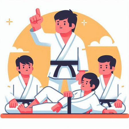 Karate training vector illustration. Cartoon karate man in kimono training with children.のイラスト素材