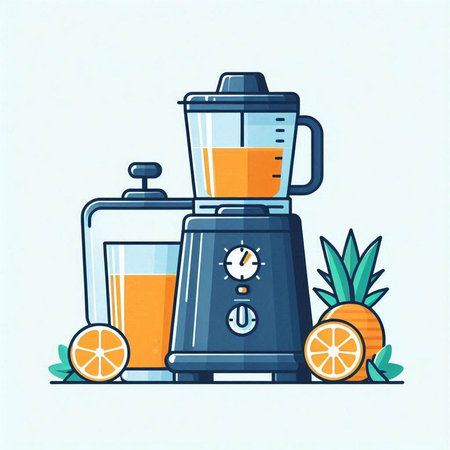 Vector illustration of juicer with fresh orange juice in flat style.のイラスト素材