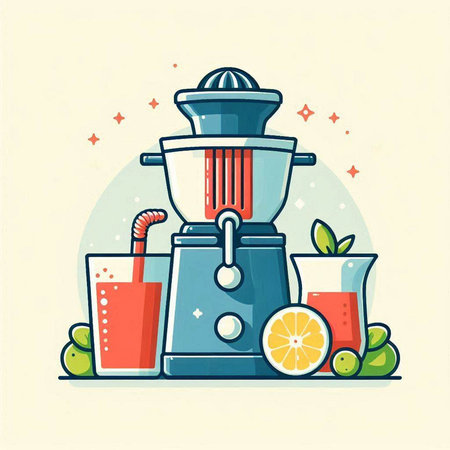 Vector illustration of a juicer with a glass of juice. Flat style.のイラスト素材