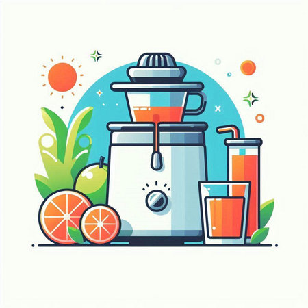 Vector illustration of juicer with juice in flat design style. Kitchen appliances.のイラスト素材