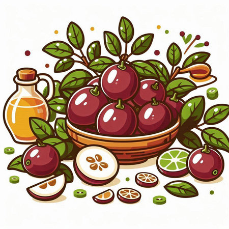 Vector illustration of cranberries in a bowl and ingredients for cooking.のイラスト素材