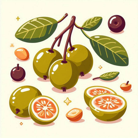 Fruits and leaves of olives, vector illustration on white background.のイラスト素材