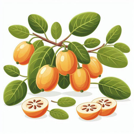 Loquat fruits with leaves on a white background. Vector illustration.のイラスト素材