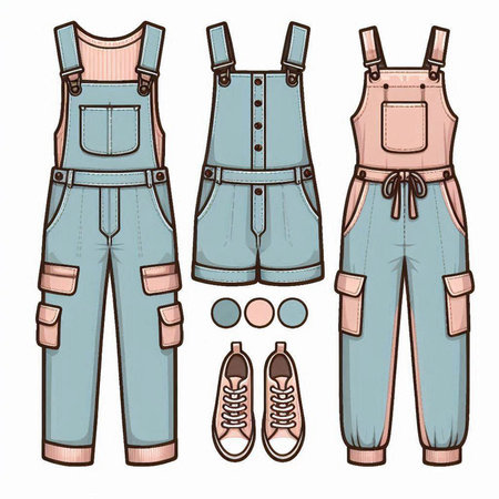 Set of overalls, overalls and shoes. Vector illustration.のイラスト素材