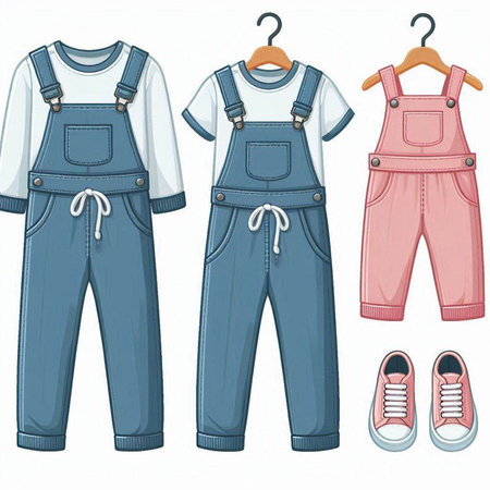 Set of children's overalls and sneakers. Vector illustration isolated on white background.のイラスト素材