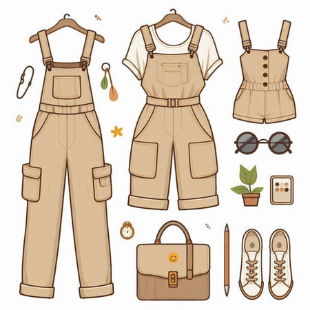 Vector set of clothes and accessories in cartoon style. Women's clothing.のイラスト素材