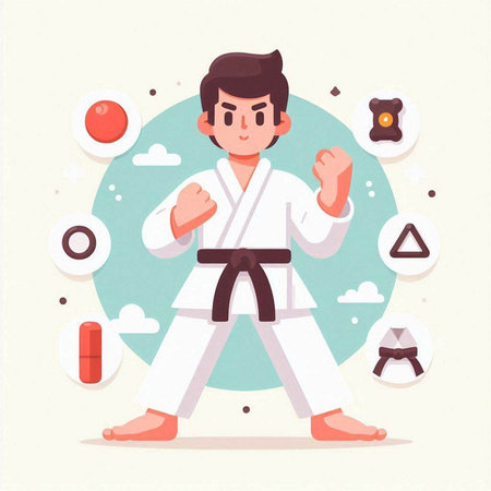 Karate boy in kimono. Vector illustration in flat styleのイラスト素材