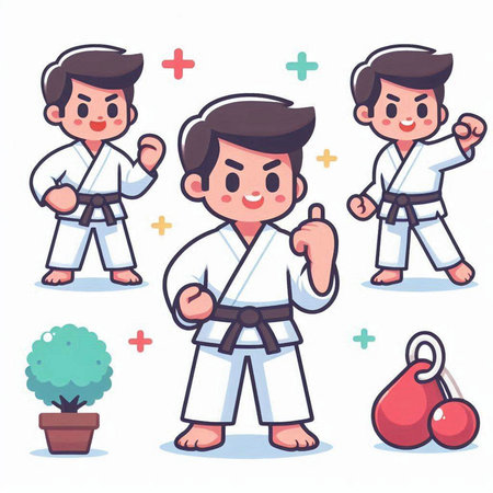 Taekwondo cartoon character with different poses. Vector illustration.のイラスト素材