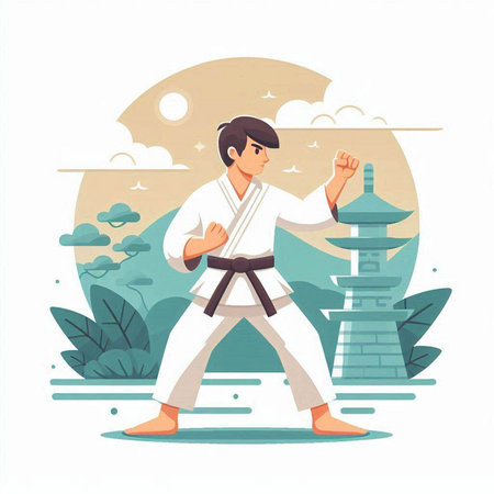 Karate man in kimono. Vector illustration in flat styleのイラスト素材