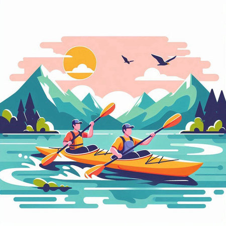 Kayaking on the lake in the mountains. Vector illustration in flat styleのイラスト素材