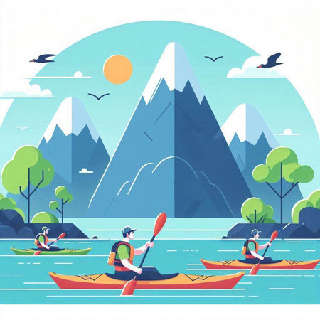 People kayaking in the mountains. Vector illustration in flat style.のイラスト素材