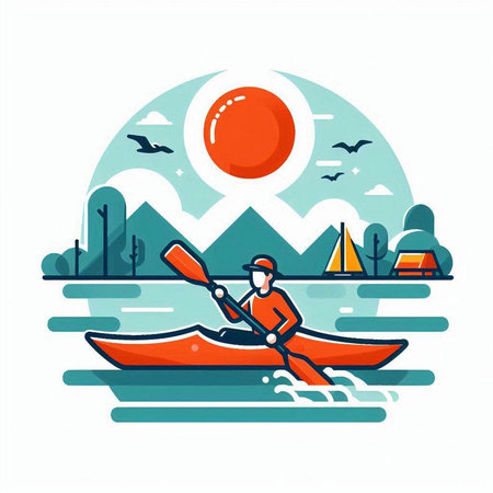 Kayaking on the lake. Vector illustration in flat design style.のイラスト素材