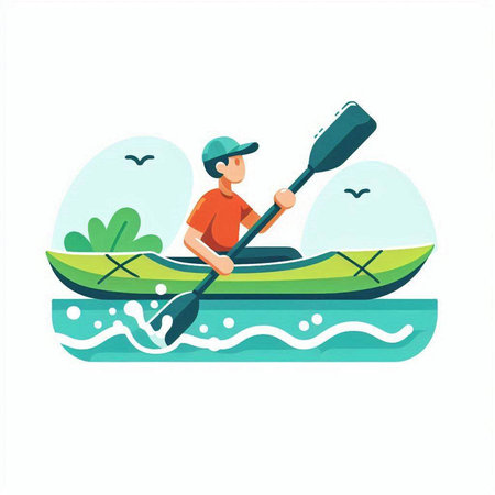 Man in a kayak on the river. Flat vector illustration.のイラスト素材