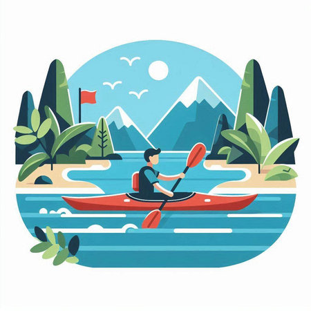 Kayaking in the mountains. Vector illustration in flat cartoon style.のイラスト素材