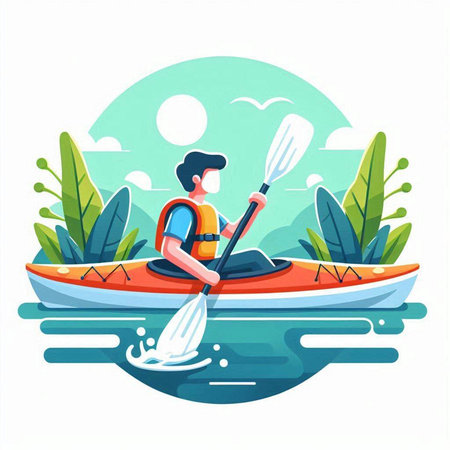 Man in a kayak on the river. Flat vector illustration.のイラスト素材