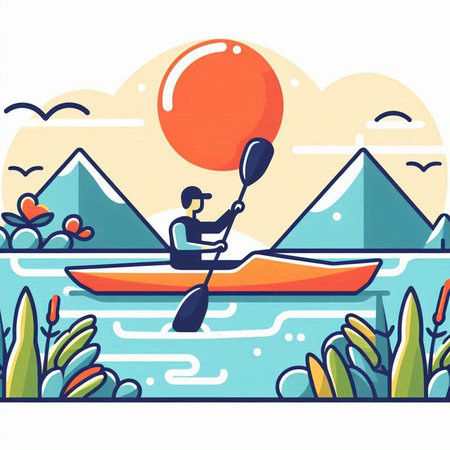 Kayaking and rafting. Vector illustration in flat cartoon style.のイラスト素材