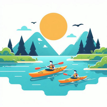 Kayaking on the river. Vector illustration in a flat style.のイラスト素材