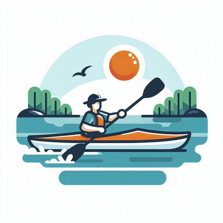 Kayaking on the lake, vector illustration. Flat style design.のイラスト素材