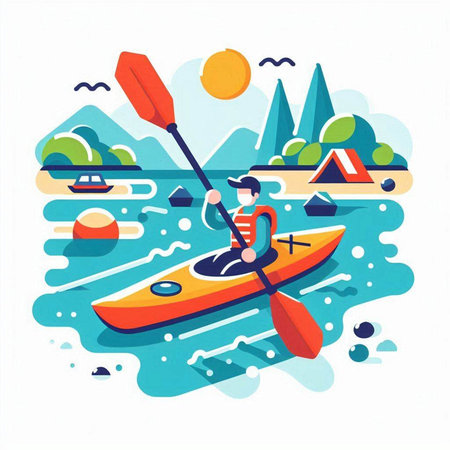 Man in a kayak on the lake. Flat vector illustration.のイラスト素材