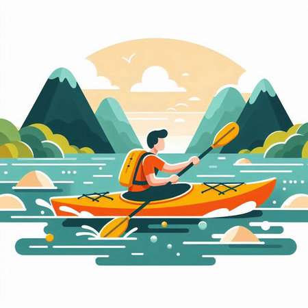Kayaking in the mountains. Vector illustration in flat cartoon style.のイラスト素材