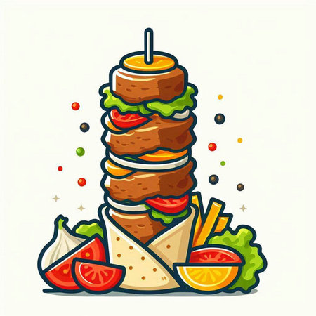 Illustration of a hamburger with fries and vegetables on a white backgroundのイラスト素材