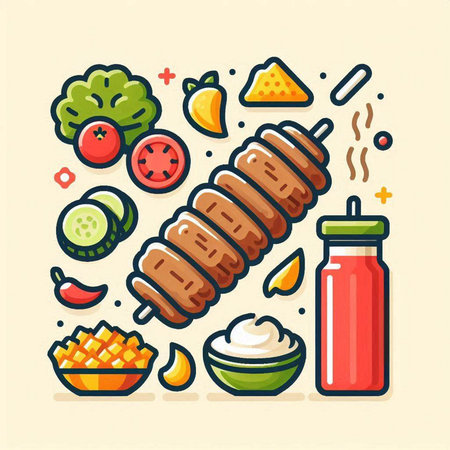 Skewers and ingredients. Vector illustration in flat style.のイラスト素材